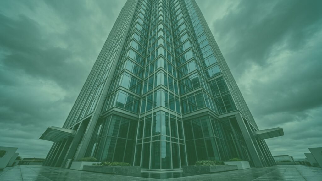 Fachada de torre corporativa moderna em vidro e aço representando advisor independente em M&A