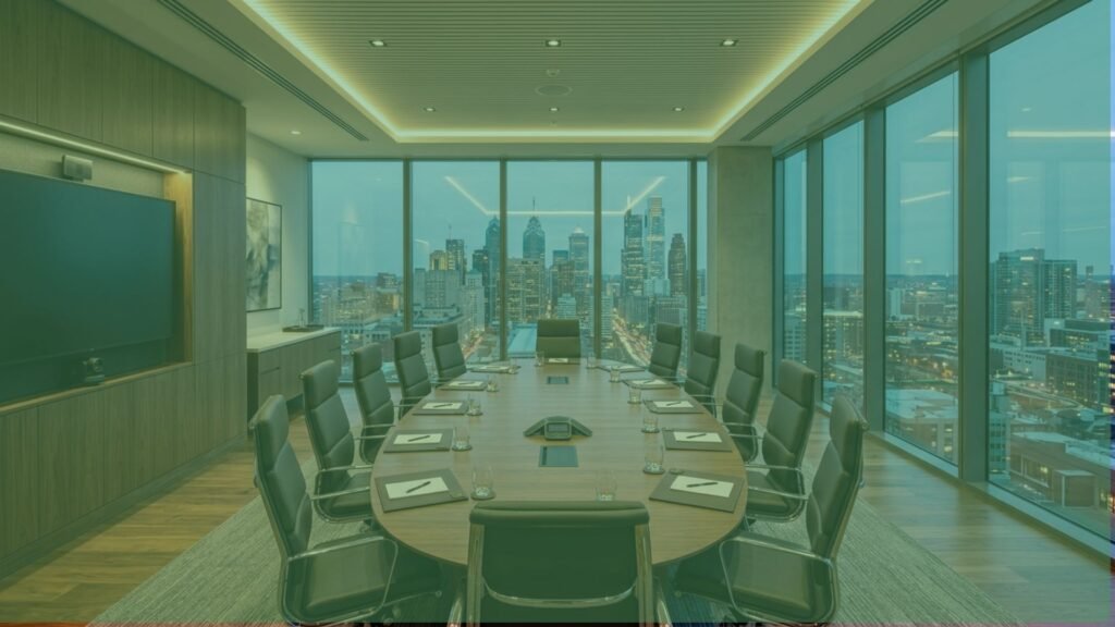 Sala de conselho com mesa redonda representando governança corporativa em empresa