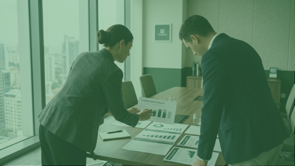 Executivo analisando posicionamento e vantagem competitiva em reunião com investidores