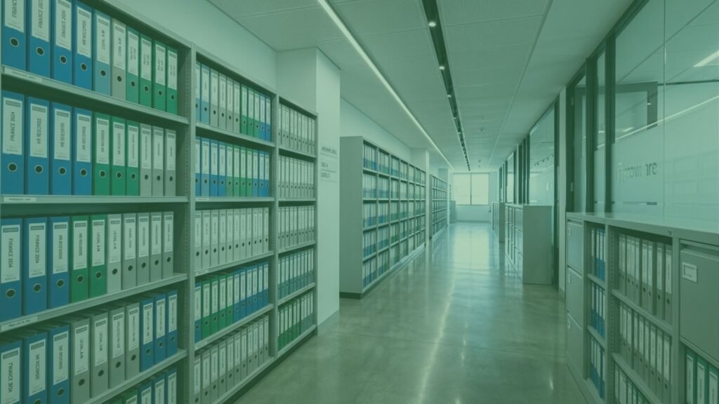 Corredor de arquivo corporativo com pastas organizadas representando reputação de crédito acumulada em operações